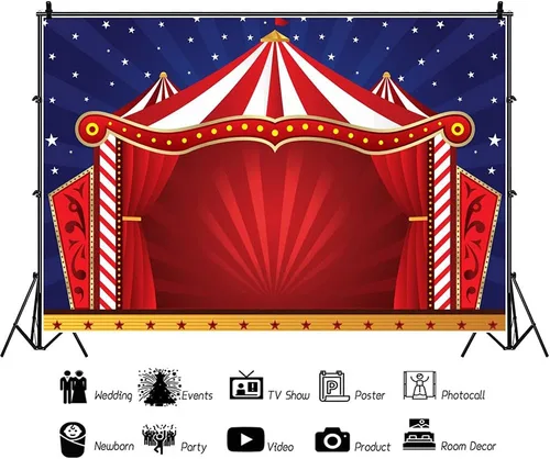 Vista 3 de Laeacco Telón de fondo rojo para tienda de campaña de circo de dibujos animados, rayas rojas y blancas, cortina roja de circo, 5 x 3 pies, fondo