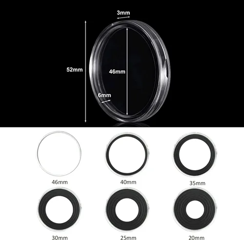 Vista 2 de 20 juegos de cápsulas para monedas de 46 mm con 6 tamaños de juntas de espuma, protector de estuche para colección de monedas (juntas negras