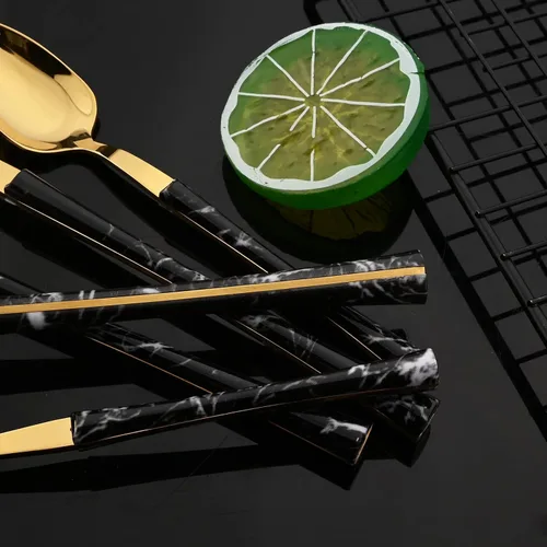 Vista 7 de JASHII Juego de cubiertos de acero inoxidable con textura de mármol, 24 piezas, tenedor de cuchillo, cuchara de té, cubiertos plateados para 6