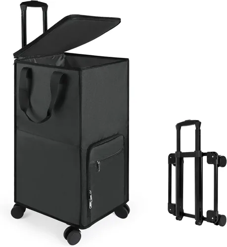 Vista 11 de Bukere Cesta de lavandería grande con ruedas, 4 ruedas y 2 asas, bolsa de lavandería con ruedas plegable independiente para ropa, apartamento Azul