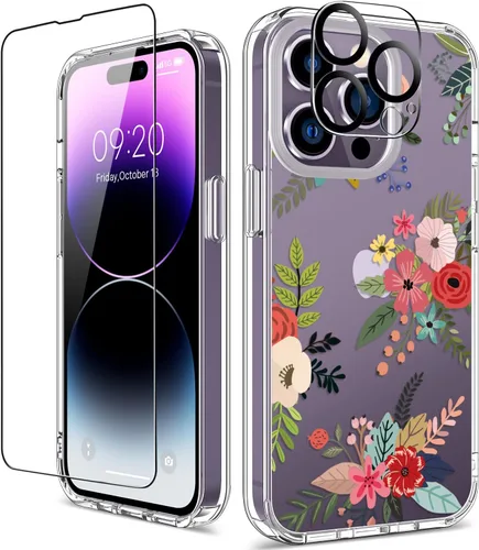 Vista 33 de Funda para iPhone 14 Pro con protector de pantalla, 6.1 pulgadas, transparente de cuerpo completo, a prueba de golpes, diseño floral, para niñas