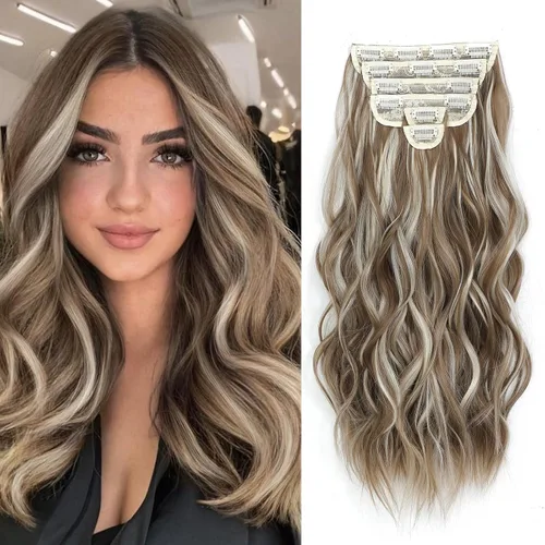 Vista 33 de Fliace Extensiones de cabello con clip para mujer, extensiones de cabello ondulado largo de color marrón medio, extensiones de cabello sintético