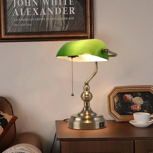 Vista 5 de Lámpara de escritorio de banquero de cristal verde, lámparas de escritorio antiguas con puerto de carga USB, lámpara tradicional de biblioteca