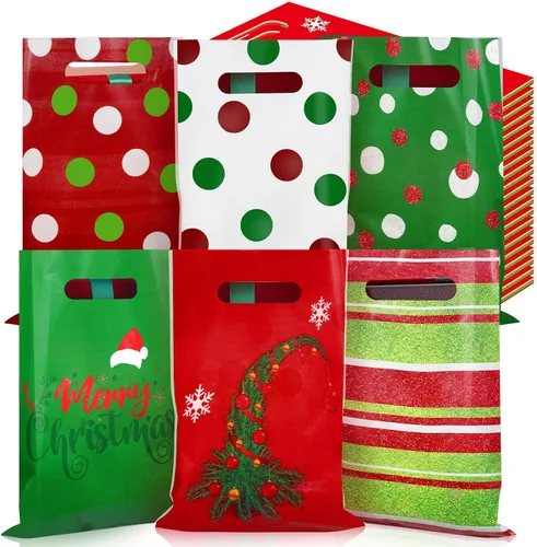 Vista 10 de Sinmoe 200 piezas bolsas de plástico de Navidad a granel, bolsa de regalo de mercancía de Navidad con asa de 9" x 12", reutilizable, bolsa