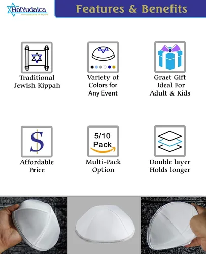 Vista 4 de HolYudaica Paquete de 5 piezas Hq SatinLinoVelvetSeda CrudaGamuza Kippah para hombre, sombrero Yamaka diseñado en Israel Kippot Bulk