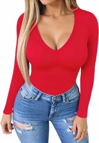 Vista 2 de MANGOPOP - Body de manga larga y manga corta, con cuello en V profundo para mujer