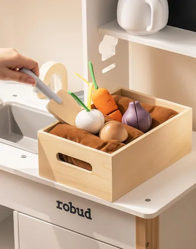 Vista 3 de ROBUD Cocina de juguete para niños – Cocina de juguete de madera con caja de plantación, juego de cocina Montessori con máquina de hielo y horno