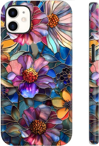 Vista 111 de Funda para iPhone 12 Mini, compatible con carga inalámbrica, protección de doble capa con elegante diseño de flores silvestres, silicona suave +