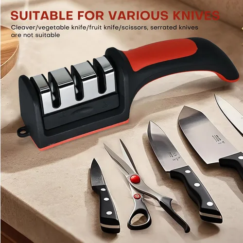 Vista 6 de Afilador de cuchillos de cocina, afilador manual de 3 etapas para cuchillos y tijeras, diseño ergonómico seguro, abrasivos inoxidables para cocinar