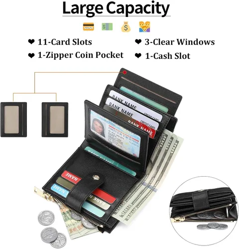 Vista 2 de GAEKEAO Cartera pequeña para mujer, de dos pliegues con bloqueo RFID, estuche para tarjetas de crédito con bolsillo con cremallera, A-Negro, Classic