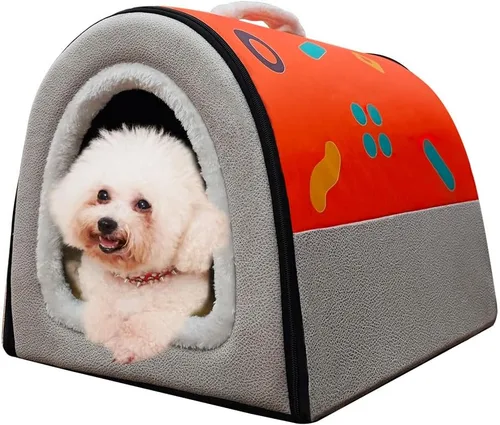 Vista 18 de Cama para gato o cama para perro, 2 formas de uso, casa de mascotas para interior con alfombra esponjosa, cubierta extraíble y lavable, fondo Grúas