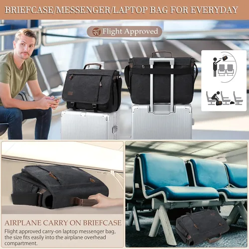 Vista 4 de Bolso de Mensajero de 17.3 Pulgadas para Hombre: 2 Piezas Bolso para Laptop de Cuero PU y Tela de Lona Maletín de Trabajo Grande para Oficina