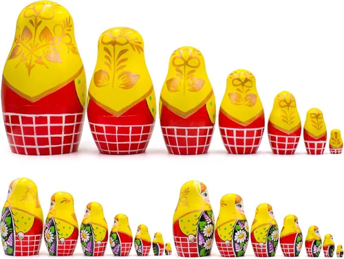 Vista 2 de AEVVV Juego de 7 muñecas rusas de Matryoshka - Muñecas rusas en vestido de Sarafan con manzanilla pintada a mano y flores lilas - Русские Матрески
