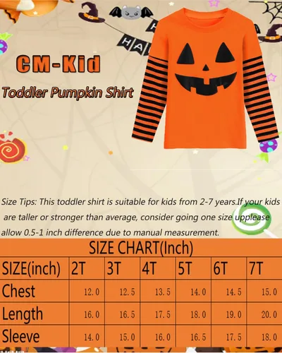 Vista 7 de CM-Kid Camisa de Halloween para niños pequeños y niñas, diseño de calabaza, esqueleto, fantasma, dinosaurio, rayas, camisetas de manga larga