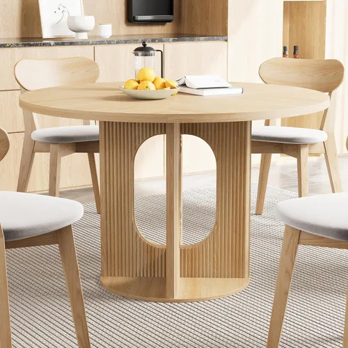 Vista 6 de Weselon - Mesa de comedor redonda campestre con nervaduras para 4, mesa de cocina circular de 47 pulgadas con base de pedestal de madera, mesas