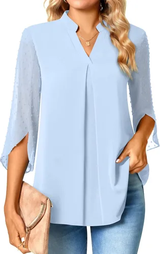 Vista 2 de Anyhold Blusa de gasa elegante de verano para mujer, cuello en V, manga pétalo, holgada, casual, lindas camisas para el trabajo