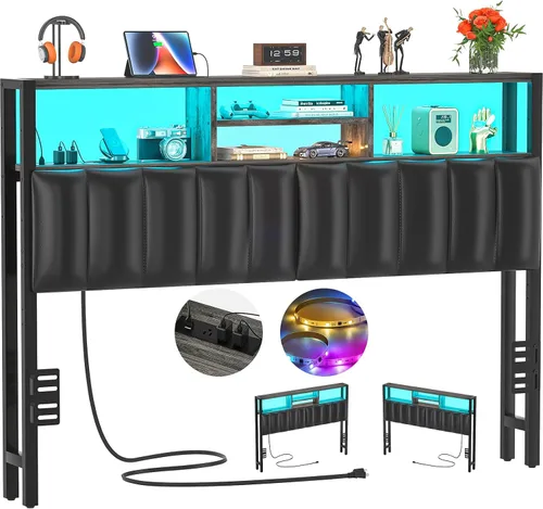 Vista 14 de Cabecero Aheaplus para Cama Individual con Almacenamiento, Cabeceros con Enchufes, Puertos USB y Luz LED, Cabecero Individual Solo, Altura