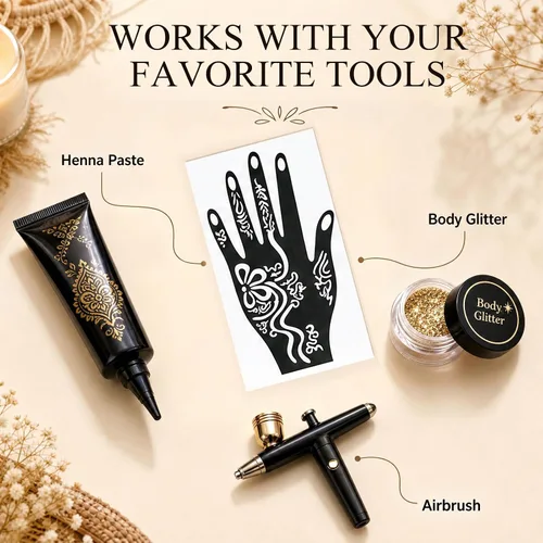 Vista 6 de Koogel Kit de plantillas de tatuaje de henna de 18 hojas, 97 plantillas de tatuaje con brillantina temporal para pintura facial y arte corporal