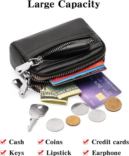 Vista 2 de SENDEFN Monedero para mujer de cuero con doble cremallera alrededor de bolsa pequeña, Negro -, 5256