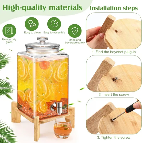 Vista 3 de FillTouch Juego de 2 dispensadores de bebidas de vidrio de 1.5 galones con soporte de madera, dispensadores grandes de bebidas de agua para fiestas