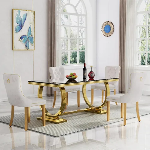 Vista 56 de HomVent Juego de mesa de comedor moderna de mármol sintético para 4 personas, mesa de cocina rectangular con 4 sillas beige (dorado)