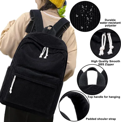 Vista 3 de Bluboon Mochila para niñas escolares y niñas, bonita mochila de pana para niños, mochila para laptop, regalos para mujeres, Negro (Corduroy Black)