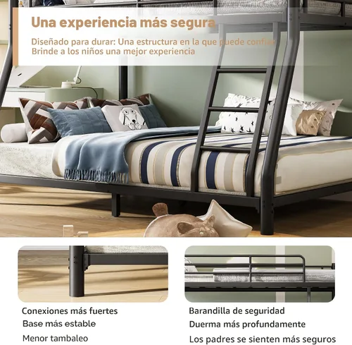 Vista 8 de Litera de metal de tamaño individual sobre matrimonial para adultos y niños, literas de perfil bajo con barandilla de longitud y escalera,