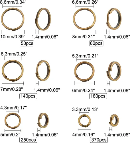 Vista 2 de PH PandaHall 1070 anillos de salto divididos de 6 tamaños, anillos de bronce antiguo, llavero pequeño, doble bucle, llaveros abiertos