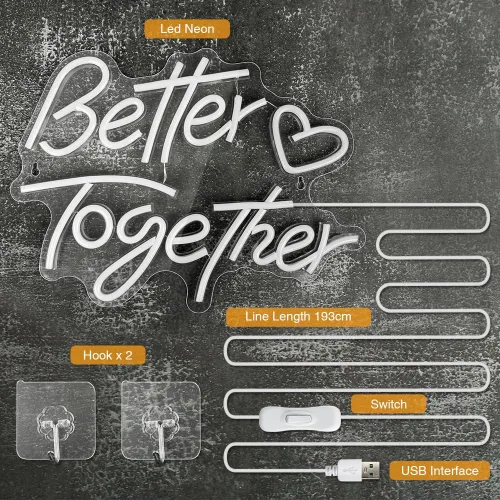 Vista 2 de Letreros de neón con texto en inglés «Better Together», «Arrinew LED», alimentado por USB, para decoración de pared del hogar, luces de neón