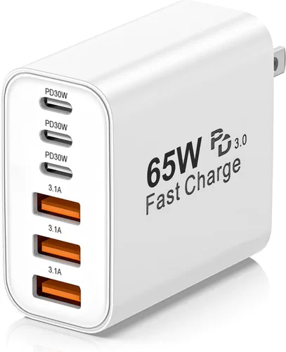 Vista 11 de Bloque de carga USB C, 65 W, 6 puertos, bloque de carga USBC, cargador de pared, cargador de iPhone, carga rápida, multipuerto tipo C, PD+QC
