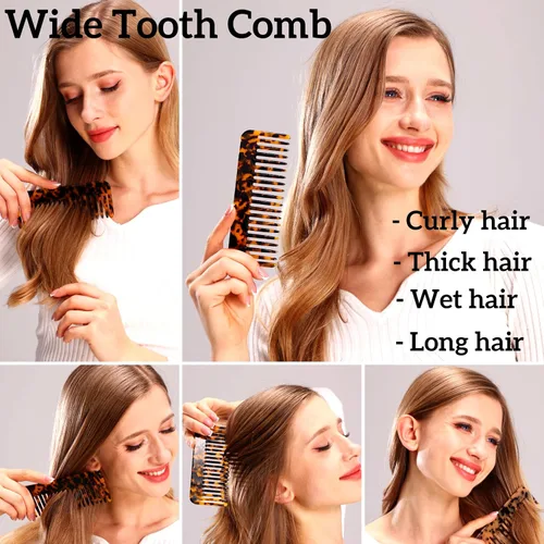 Vista 2 de Peine de dientes anchos, peine desenredante grande, peine desenredante de celulosa para cabello grueso, rizado, ondulado, húmedo y seco, paquete