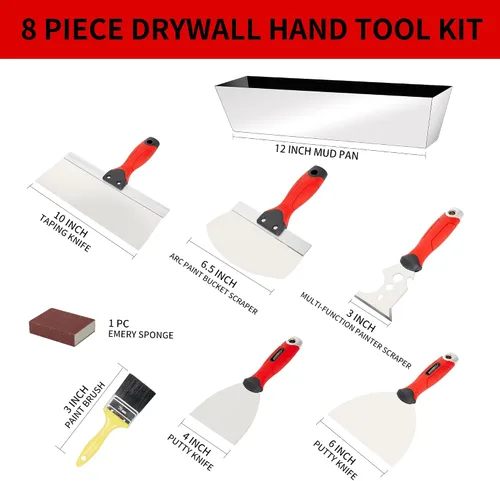 Vista 4 de Kit de herramientas de mano para paneles de yeso, juego de cuchillos de masilla de acero inoxidable, incluye cuchillo de cinta, cuchillo de cinta