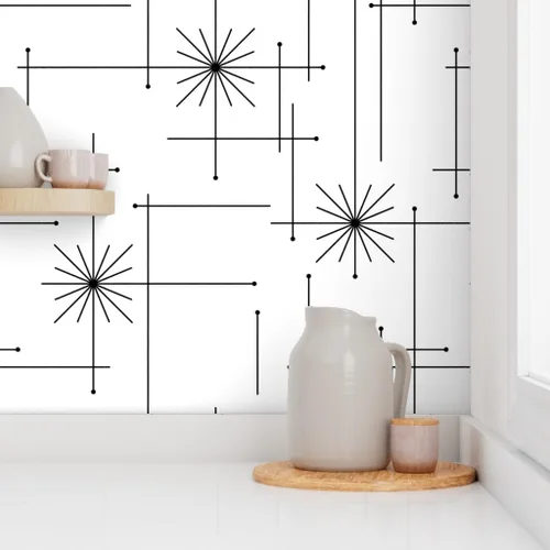 Vista 8 de Papel tapiz para despegar y pegar, diseño geométrico de mediados de siglo, moderno, negro, blanco, monocromático, minimalista, extraíble, por