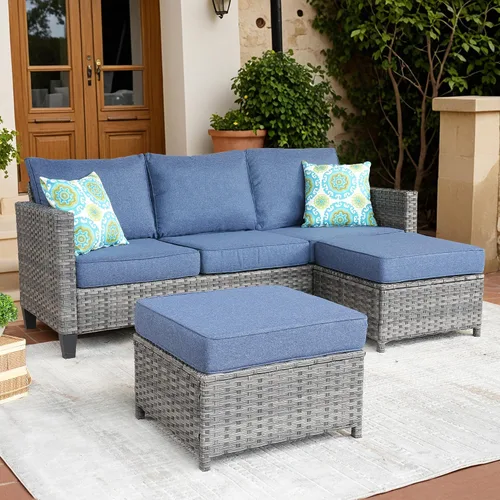 Vista 10 de ovios Sofá de patio de 3 piezas, juego de muebles de patio al aire libre, sofá de mimbre con otomanas gruesas cojines, juego de conversación de Beige