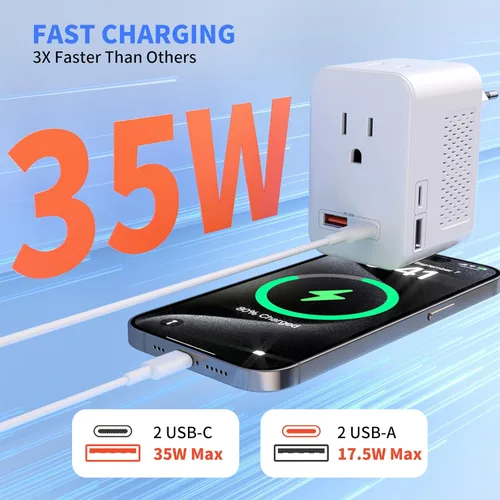 Vista 2 de PD - Convertidor de voltaje de 35 W de EE. UU. a Europa - Convertidor de 1600 W 220 V a 110 V para viajes europeos - Diseño de viaje compacto con 2