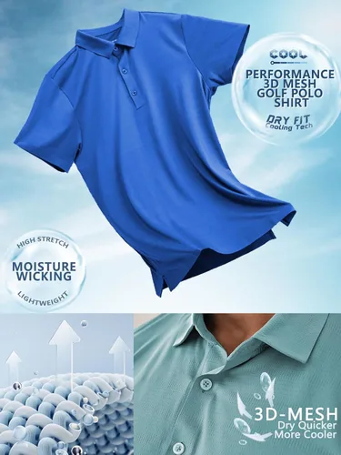 Vista 4 de Camisa de golf Dry Fit para hombre, polo de manga corta, atlética, con cuello de malla, absorbe la humedad, tecnología sin costuras