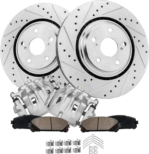 Vista 17 de Detroit Axle - Kit de freno delantero para Hyundai Nexo 2019-2024, rotores de freno perforados y ranurados, pastillas de freno de cerámica