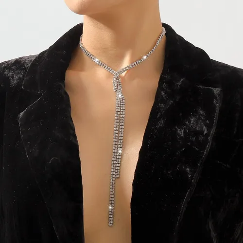 Vista 4 de Collar largo con diamantes de imitación en Y, Lariat, cristal plateado y dorado, con circonita cúbica, para mujeres y niñas, cadena para el cuerpo