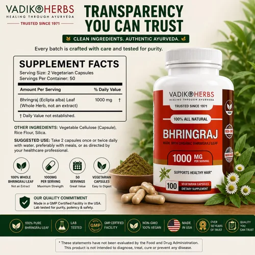 Vista 2 de Vadik Herbs Bhringraj Cápsulas Hoja de Bhringraj orgánica entera (Eclipta alba) Hierba tradicional ayurvédica para cabello saludable, cuero