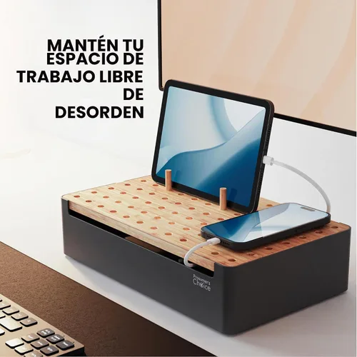 Vista 7 de Prosumer's Choice Organizador de estación de carga de madera negra para múltiples dispositivos, caja de organización de cables con 5 ranuras y Metal