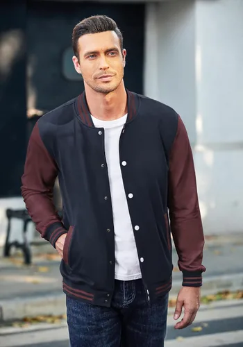 Vista 3 de COOFANDY - Chaqueta universitaria, estilo aviador para hombre, hecha de algodón, casual y ajustada