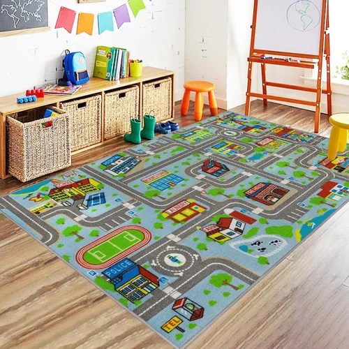 Vista 8 de Capslpad Alfombra Azul de Coche y Carretera para Niños, Alfombra de Juego para Sala de Juegos, Alfombra Antideslizante Lavable con Mapa de la Ciudad