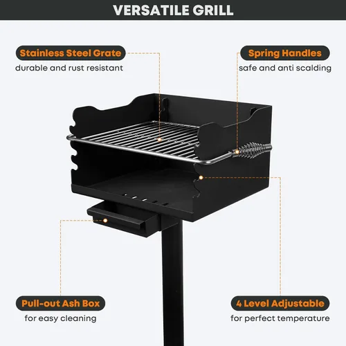 Vista 4 de Stanbroil Barbacoa de carbón para exteriores, parrilla de barbacoa de acero resistente con rejilla de cocina de acero inoxidable y poste sobre/bajo