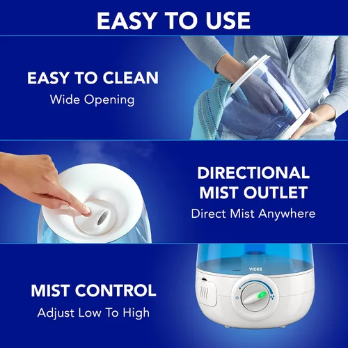 Vista 5 de Vicks Humidificador ultrasónico sin filtro, recomendado por pediatras*, humidificadores ultrasónicos de niebla fría de 1.2 galones para dormitorios