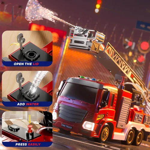 Vista 2 de JUKUDAHU Camión de bomberos de juguete para niños de 3, 4, 5, 6, 7, 8 años, juego de camiones de bomberos con escalera giratoria, sonido y luz