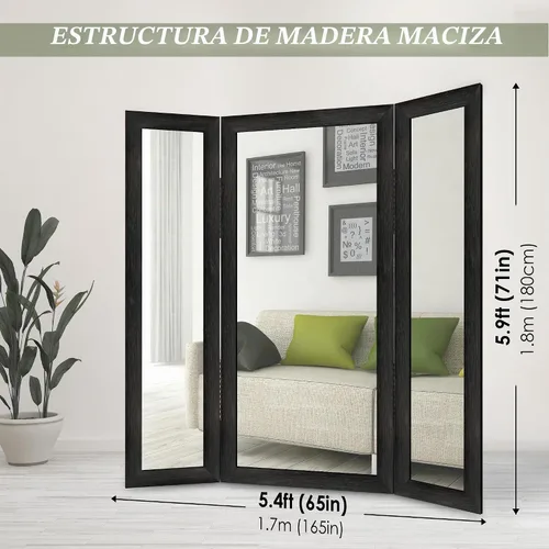 Vista 3 de Espejo triple de longitud completa, 3 vías de pie, negro, 65 x 71 pulgadas