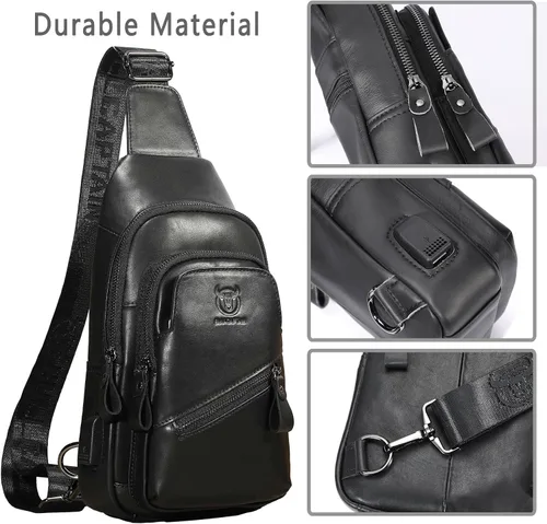Vista 4 de BULLCAPTAIN Bolso bandolera de cuero para hombre, mochila cruzada con puerto de carga USB, mochila casual para hombro y pecho