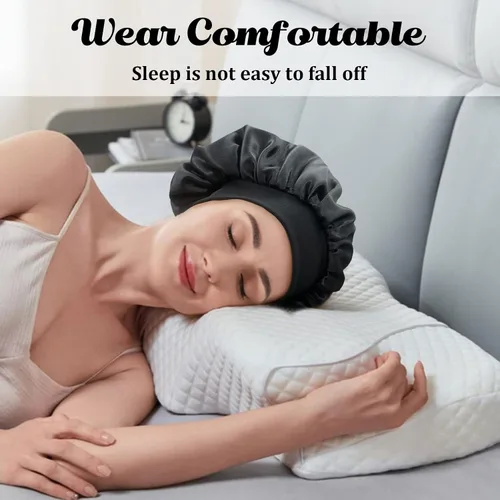 Vista 2 de 2 gorros grandes de seda satinada para dormir, gorros de banda ancha elástica para trenzas de mujeres negras, gorras de seda para dormir nocturnas