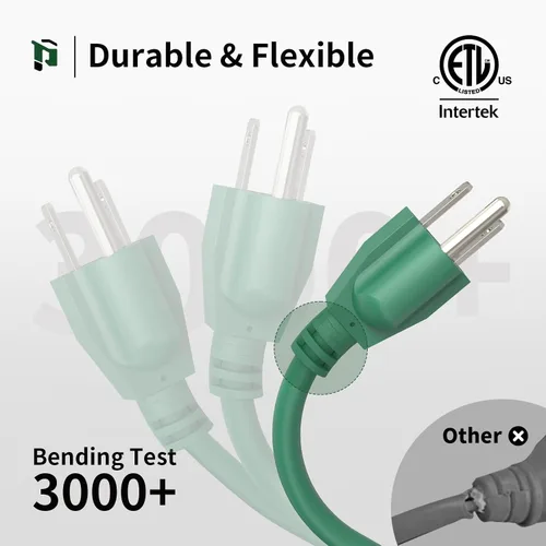Vista 4 de PLUGTUL Cable de extensión para exteriores de 6 pies, impermeable, calibre 16/3, color verde, resistente, 3 puntas, 13 A, 1625 W, SJTW