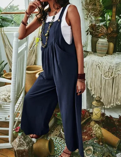 Vista 4 de BQDCQB Women's Linen Overalls Adjustable Straps Sleeveless Loose Bib Wide Leg Casual Jumpsuit
